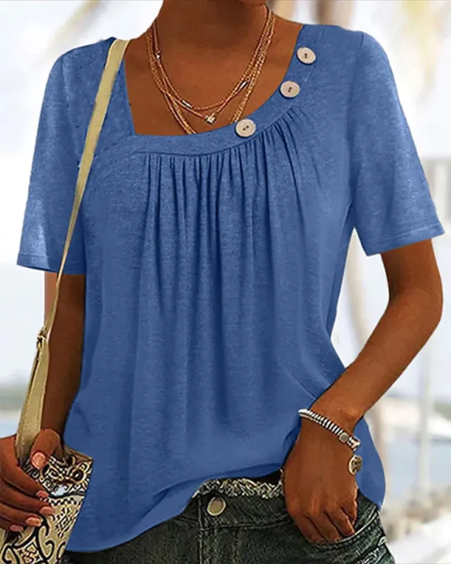 European And American Fashion Solid Color Buttons Round Neck Short Sleeve Blue - Shop at LoveMi