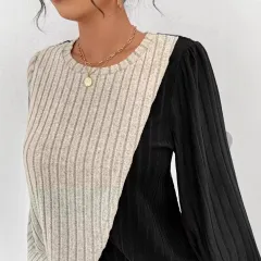 Women's Set Crew-neck Colourblock Top With Asymmetrical Hem Straight-leg Trousers - Apricot - View 1