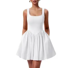 Women's Summer Sleeveless Square Collar Ruffled Hem Dress - White - View 1