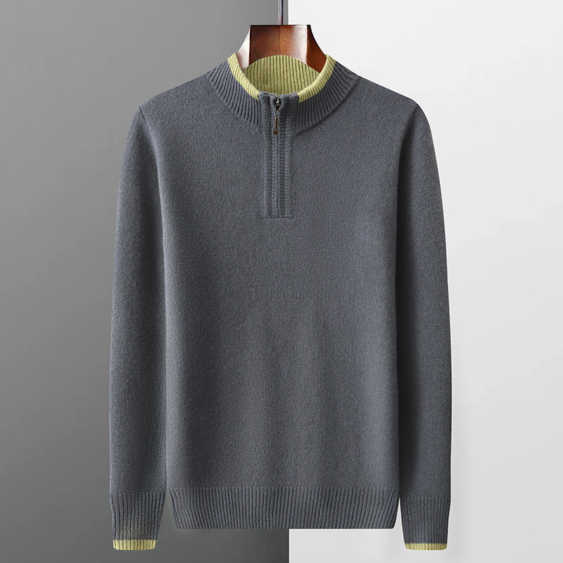 Thickened Mens Wool Sweater With A Color-blocked Mock Neck