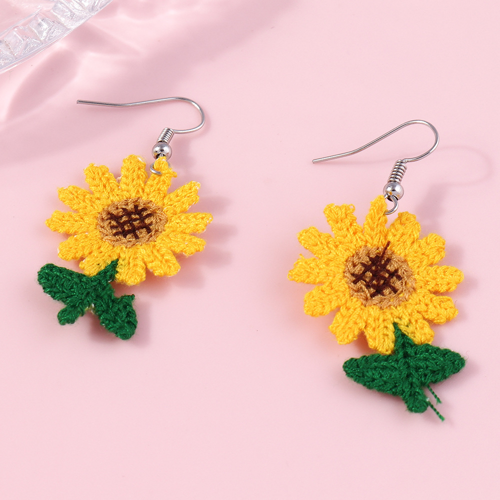 Minimalist Handwoven Knitted Flower Statement Earrings