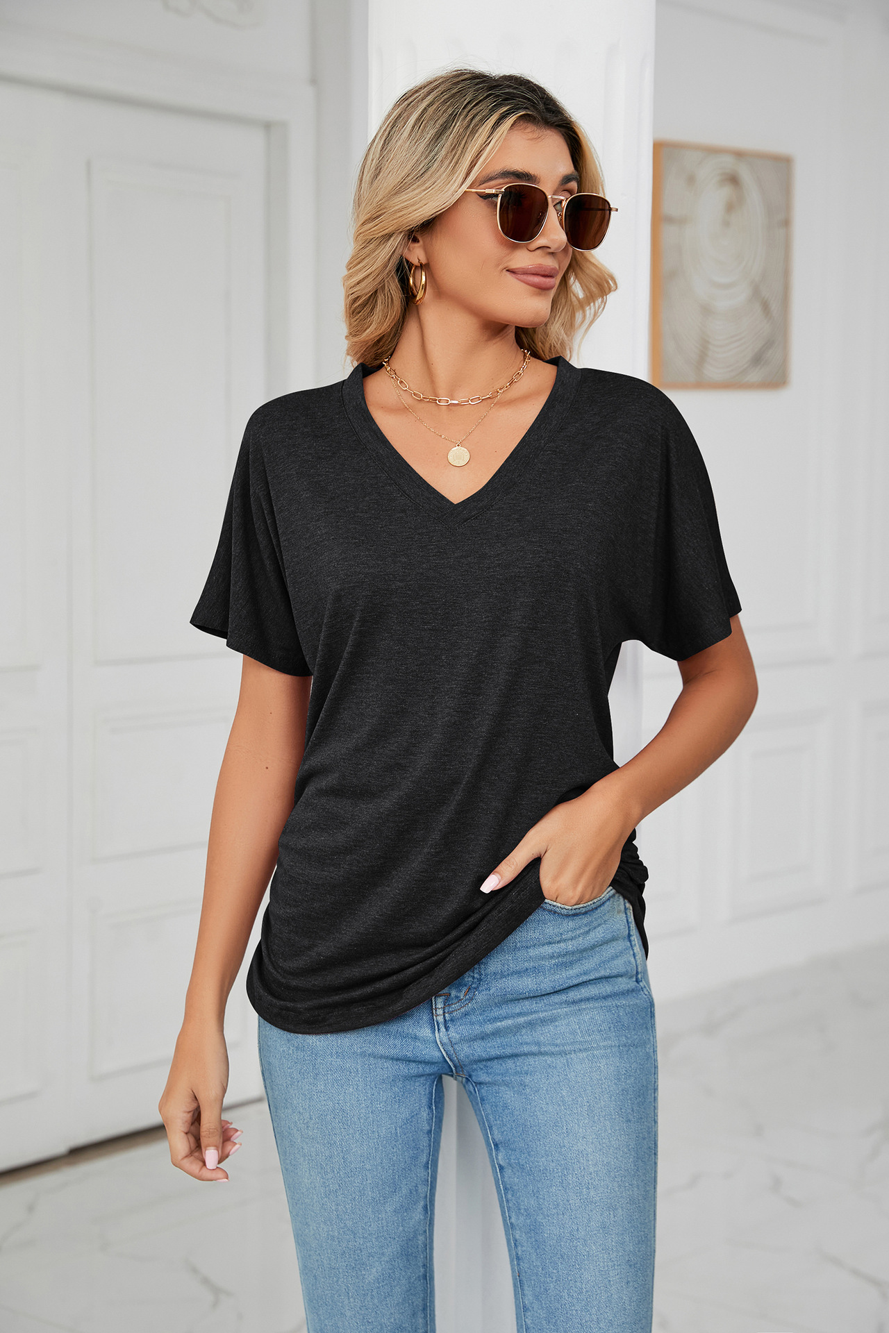 Leisure Pullover V-neck Solid Color Loose T-shirt Women's Top