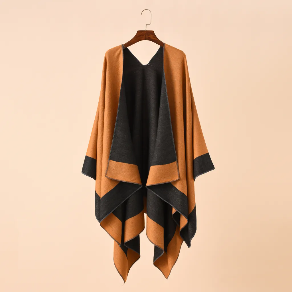 Double-sided Color Matching Plaid Cashmere-like Shawl Outer Match Cape Coat - Orange 1