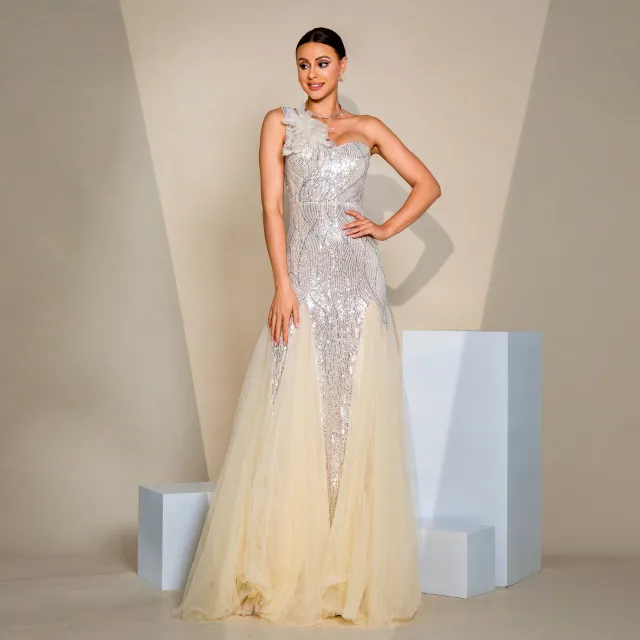 One shoulder Diagonal Collar Slim fit Sheath Sequined Slit Evening Dress Apricot - Shop at LoveMi
