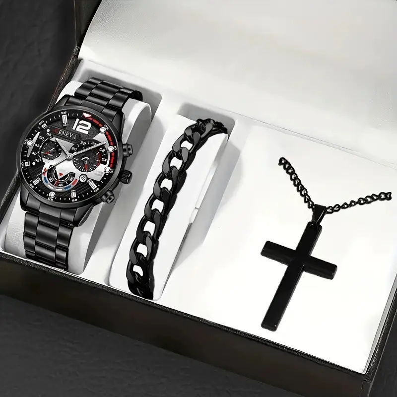Men's Bracelet Cross Necklace And Watch Set