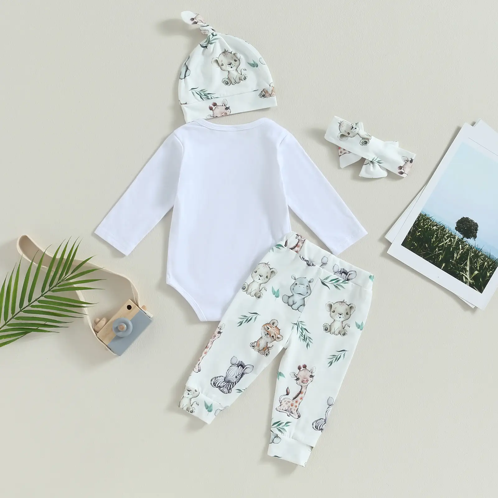 Children's Baby Letter Long-sleeve Jumpsuit Trousers Hat Hair Band Four-piece Set