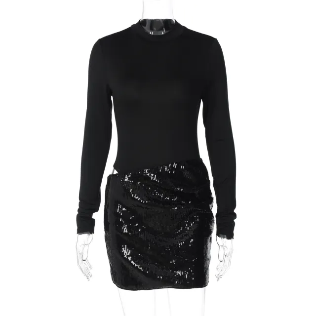 Women's Sexy Side Openwork Patchwork Bodycon Long Sleeve Dress Black - Shop at LoveMi