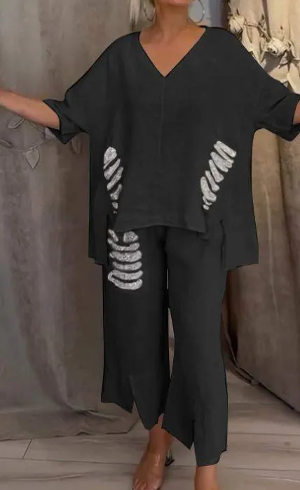 Women's Casual Cotton Linen V neck Top Ripped Suit Black - Shop at LoveMi