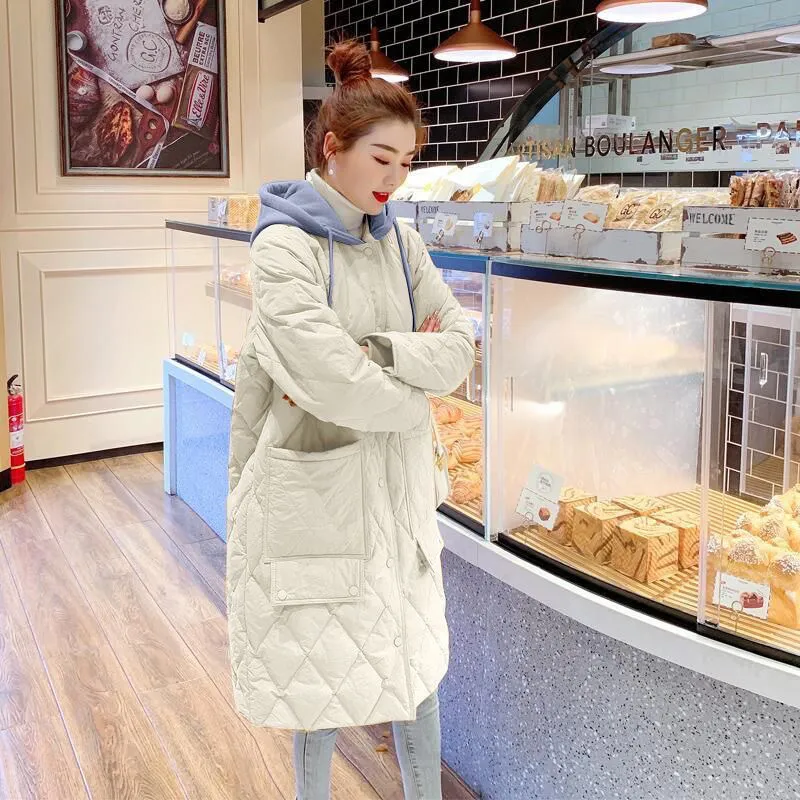 All-matching Cotton-padded Women's Over-the-knee Rhombus Plaid Loose Plus Size Hooded Jacket - White