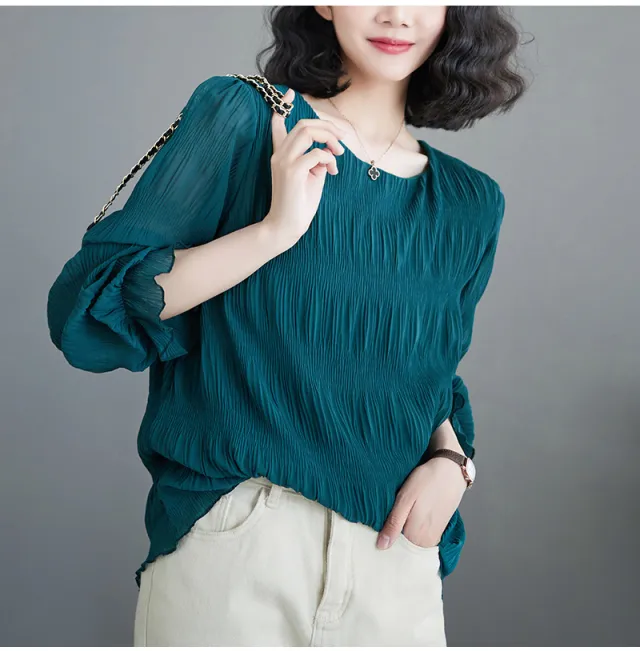 Pleated Bell Sleeve Chiffon Shirt Loose Long Sleeve Top Dark Green - Shop at LoveMi