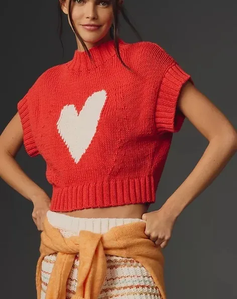 Peach Heart Round Neck Mid Collar Vest Sweater Red - Shop at LoveMi