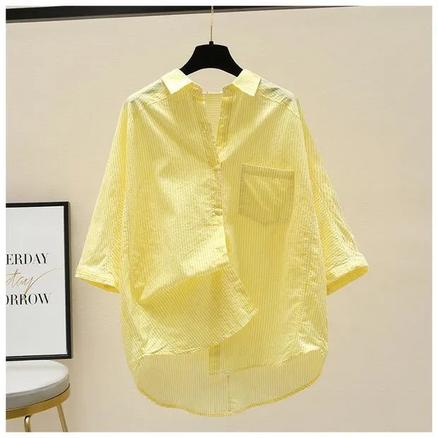 Pure Cotton Pink Striped Shirt Women's Artistic Fresh Batwing Sleeve Single Pocket Top Yellow Stripe - Shop at LoveMi