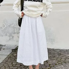 White Cotton Linen A- Line Skirt Loose High Waist Half-length - White - View 1