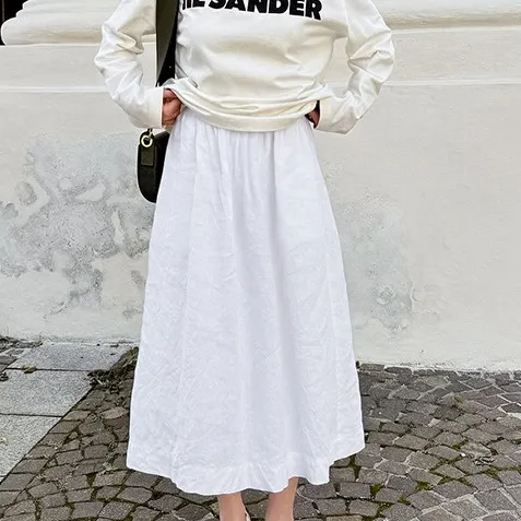 White Cotton Linen A Line Skirt Loose High Waist Half length White - Shop at LoveMi
