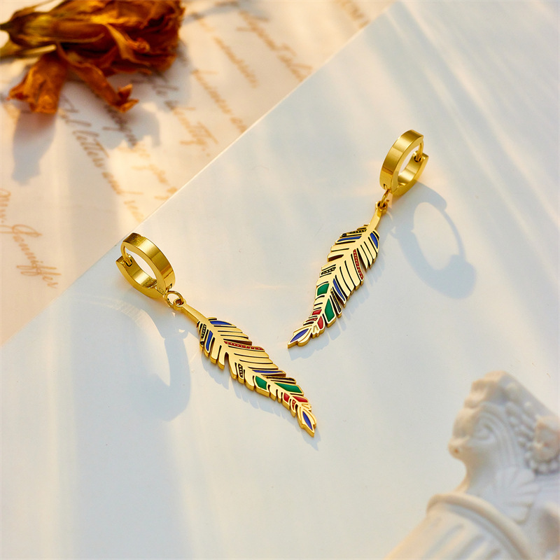 Retro Titanium Steel Gold Colorful Oil Necklace Leaf Pendant Earrings