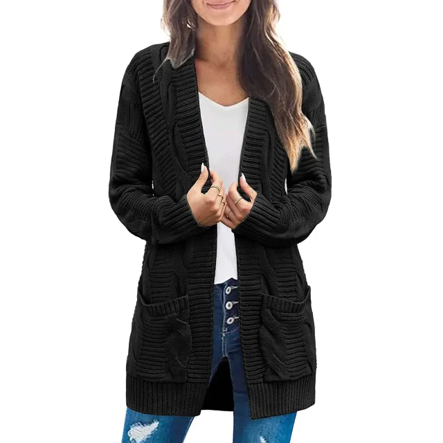 Plus Size Women's Coat Twist Double Pocket Cardigan Sweater Black - Shop at LoveMi