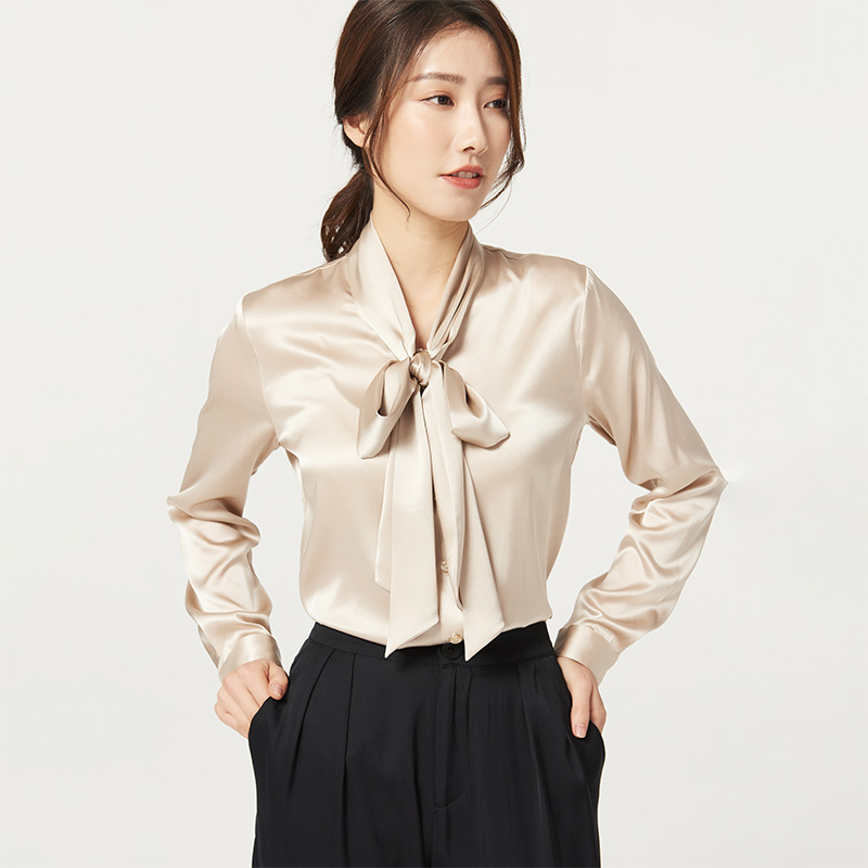 Mulberry Silk Bottoming V neck Bow Large Ribbon Women's Shirt Champagne Pink - Shop at LoveMi