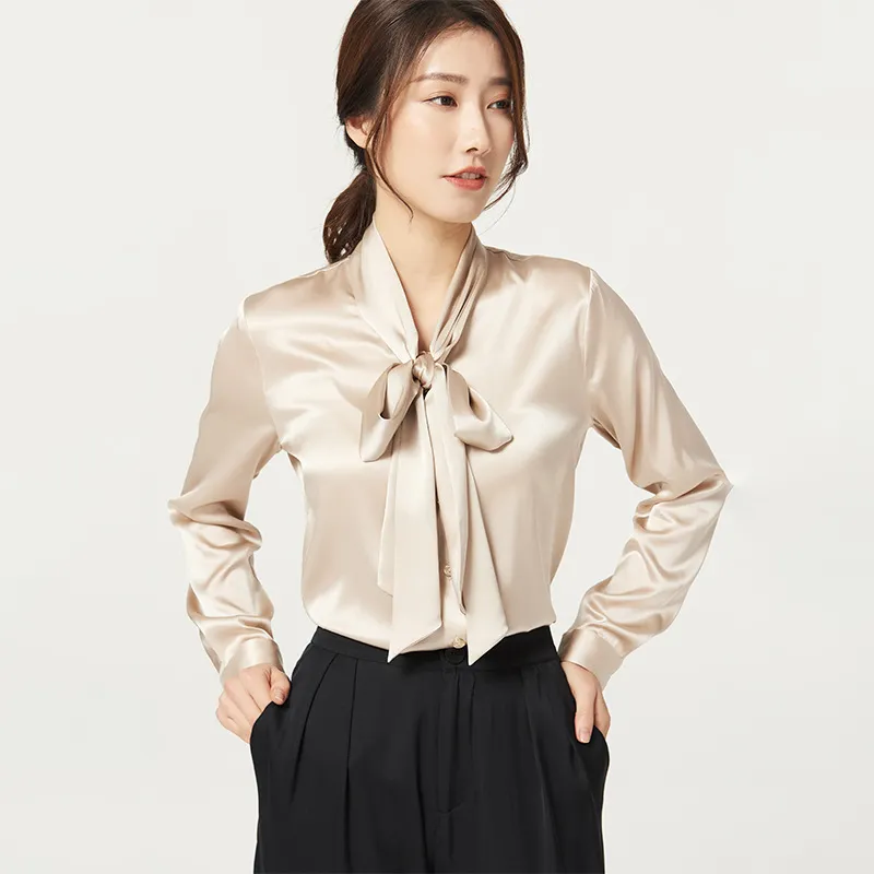 Mulberry Silk Bottoming V-neck Bow Large Ribbon Women's Shirt - Champagne Pink