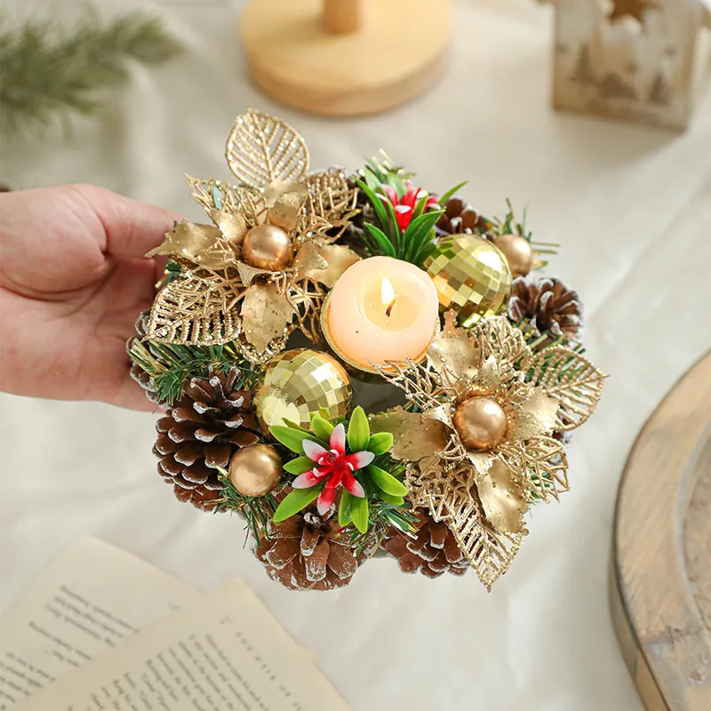 Christmas Candle Metals Candlestick Wreath Artificial Pinball Pinecone Candle Holder Fake Leaves Xmas New Year Home Table Decor – image 5