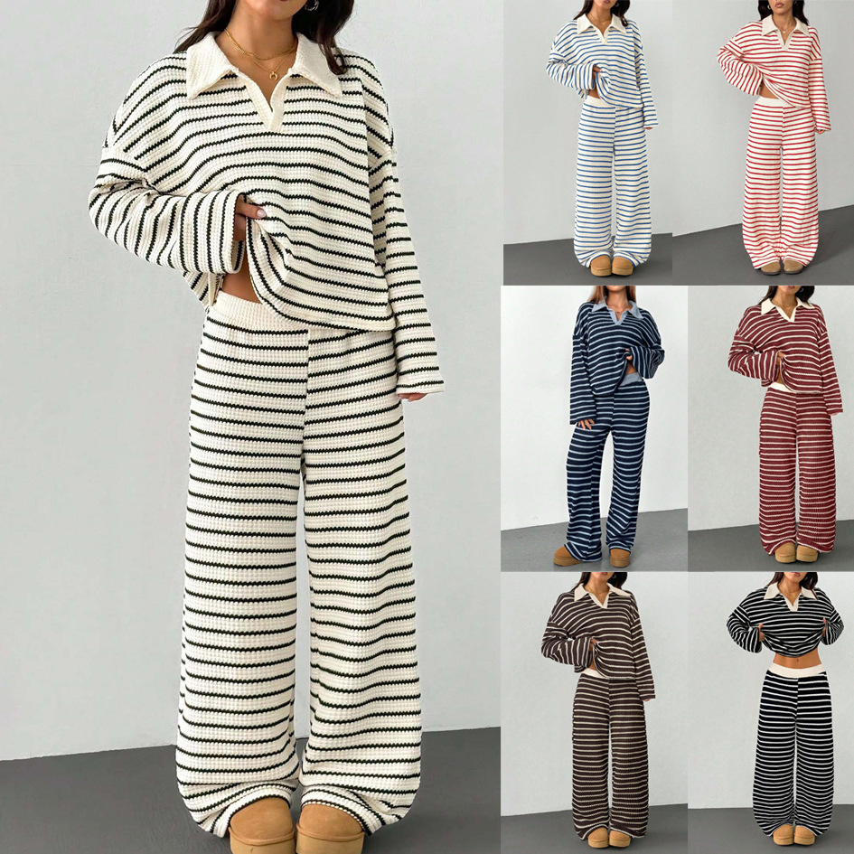 Striped Knitted Color-Block Long-Sleeve Top And Pants Casual Set — foto 6