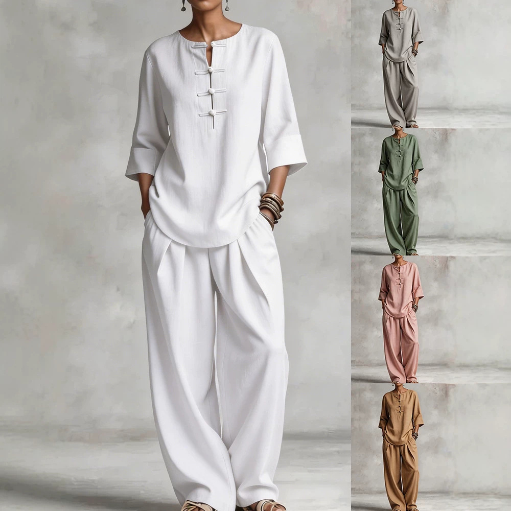 Casual V-neck Long-sleeve Set With Pockets And Long Pants