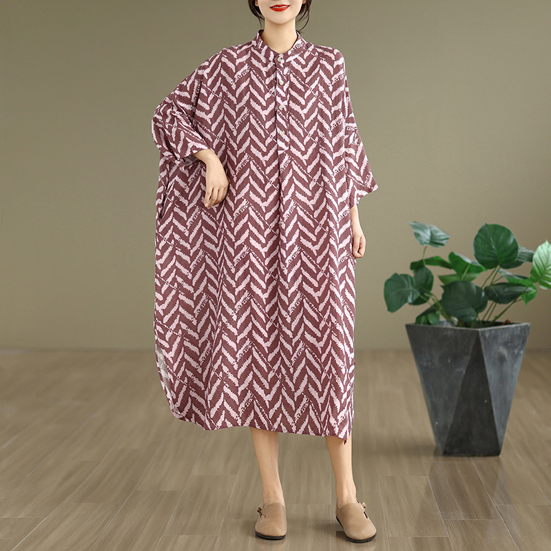 Cotton-linen Printed Mandarin-collar Loose-fit Maxi-length Resort Dress