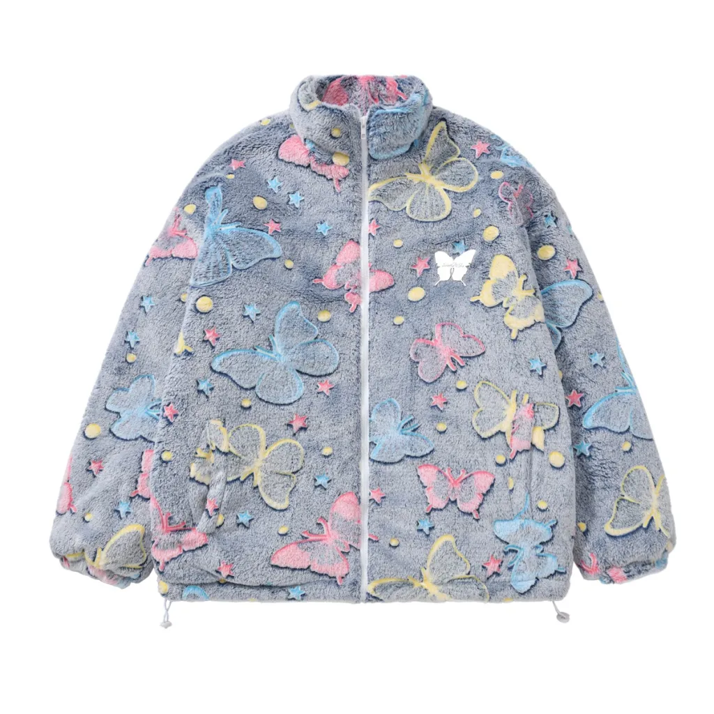 Faux Rabbit Fur Loose Casual Cotton-padded Clothes Embroidered Coat - Gray
