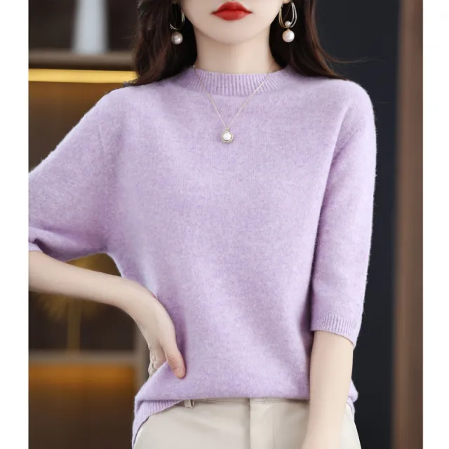 Pure Wool Women's Half Turtleneck Short Pullover Base Knitwear Three quarter Sleeve Sweater Purple - Shop at LoveMi