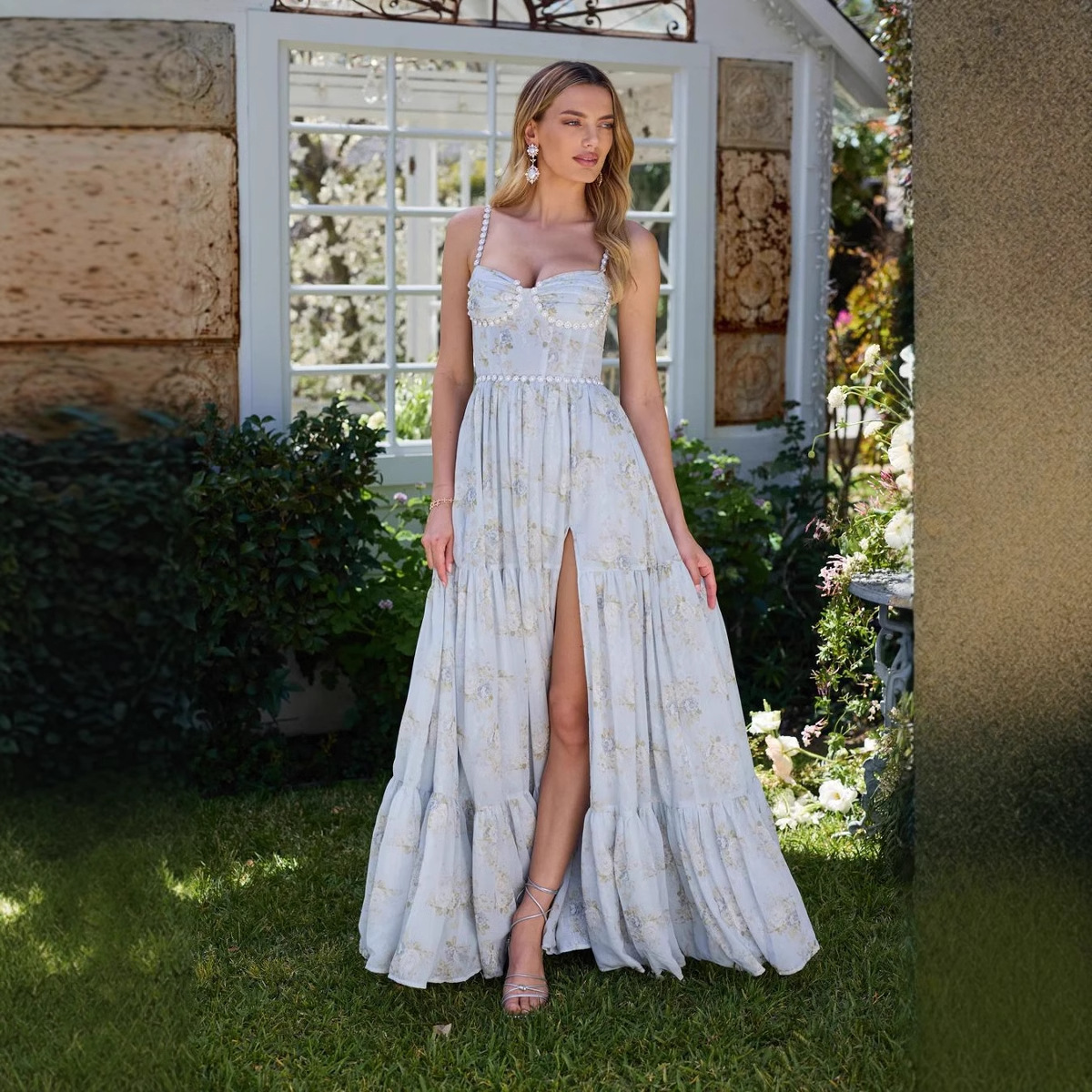 Long Seaside Vacation Style Backless Dress Floral Skirt