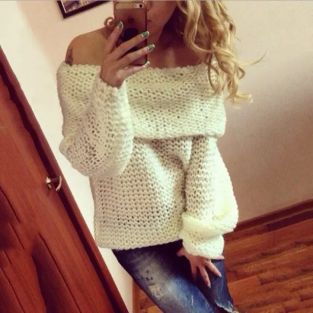 Women's Fashion Solid Color Polo Collar Loose Sweater White - Shop at LoveMi