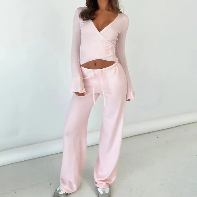 Casual Lace Up Bell Sleeve Top Velvet Padded Loose Trousers Pajamas Two piece Set Pink - Shop at LoveMi