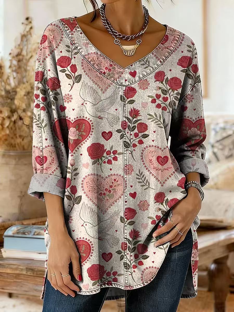 Retro Botanical Print Relaxed-fit Long-sleeve Casual Top