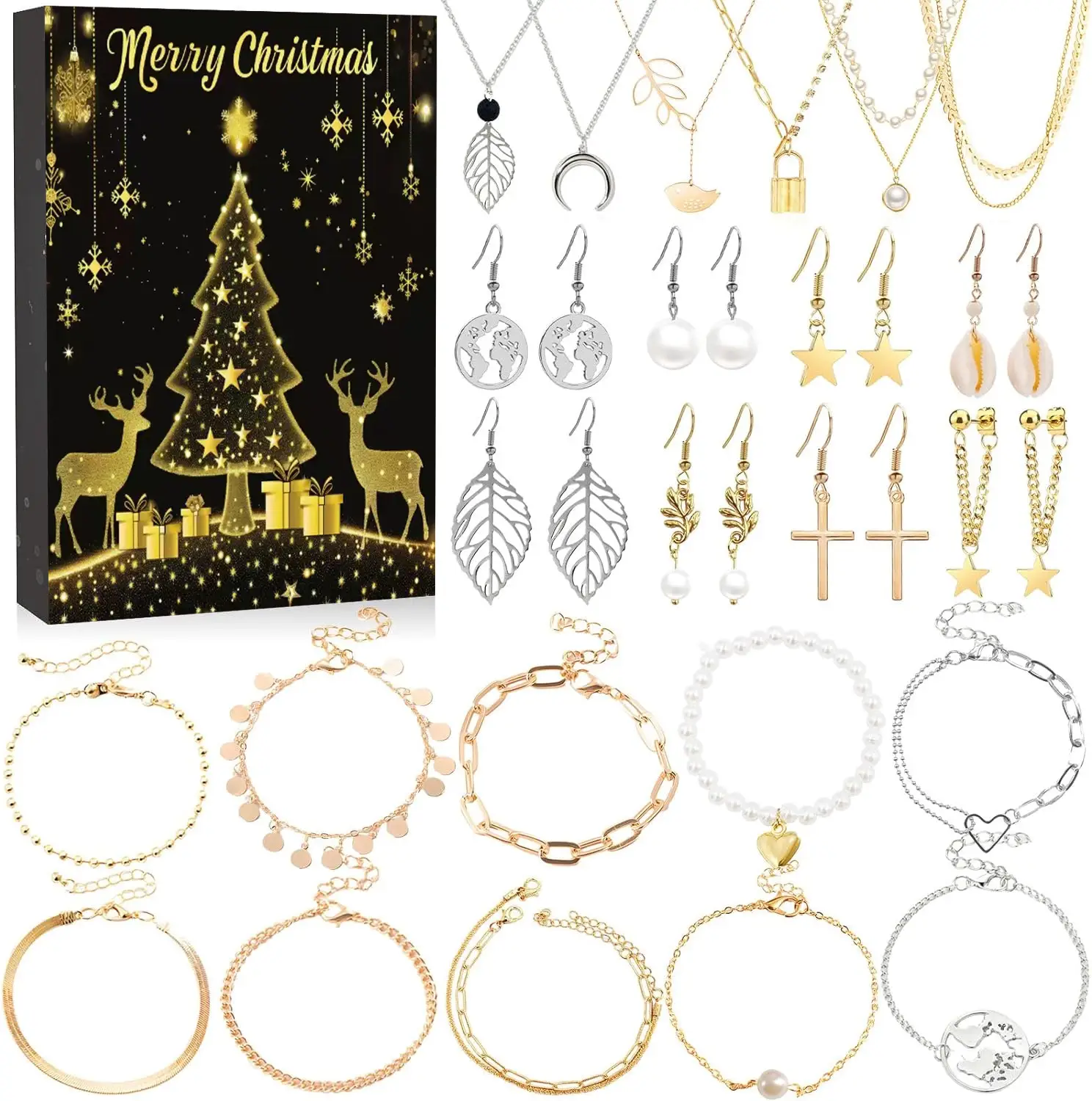 DIY Creative Kids Bracelet Ornament 24 Grid Calendar Christmas Surprise Blind Box Silver Set