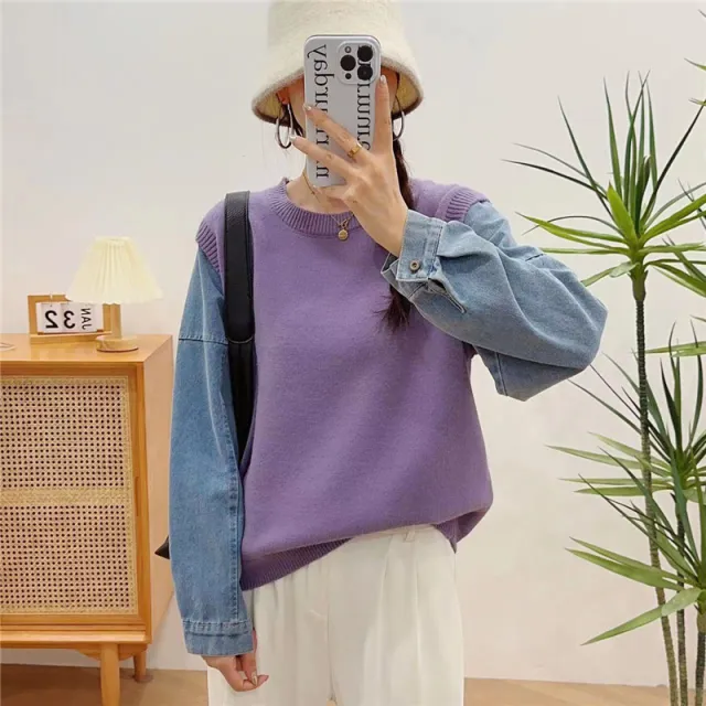 Denim Sleeve Stitching Fake Two Pieces Sweaters Women Purple - Shop at LoveMi