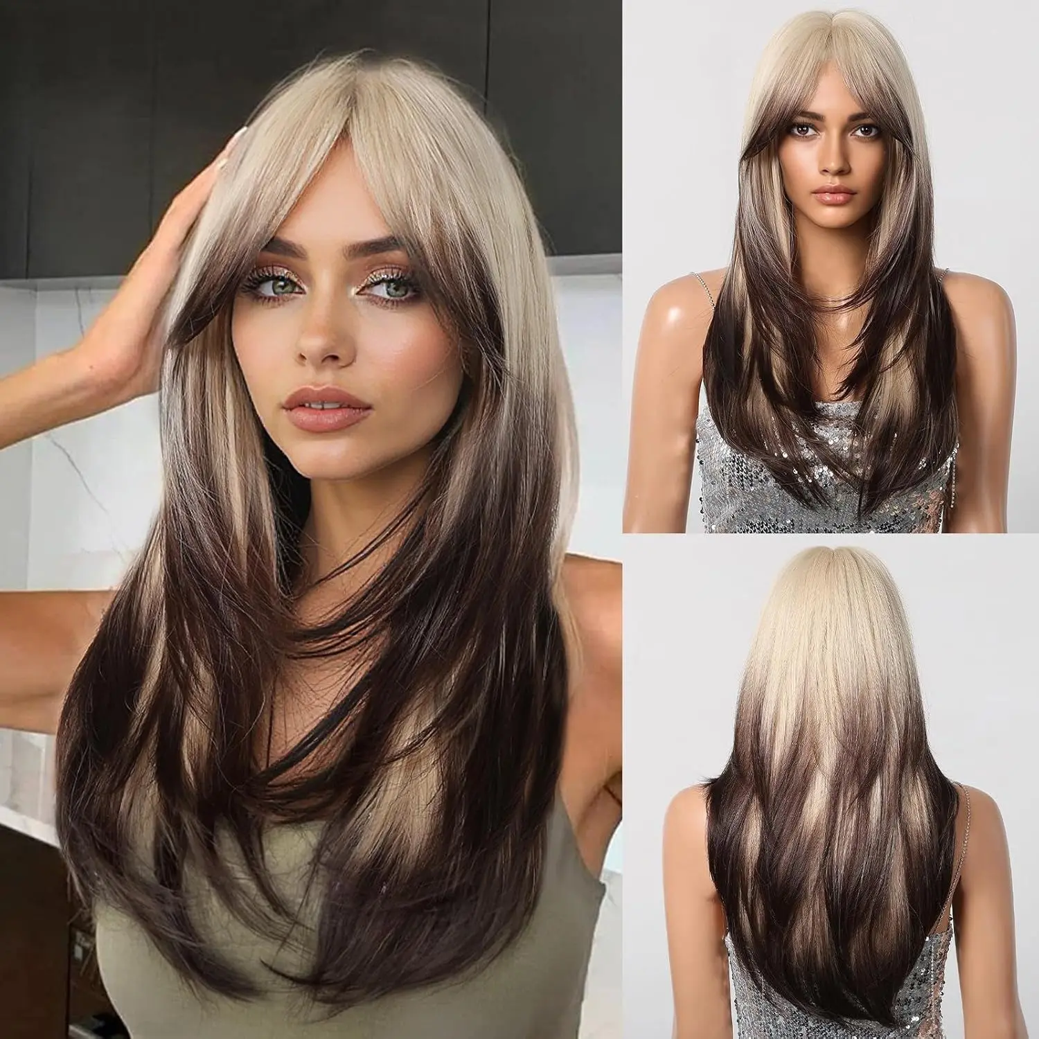 Womens Figure-8 Bangs Black-to-gray Ombre Long Straight