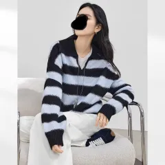 New Contrast Color Women's Loose Casual College Style Outerwear Sweater - Blue - View 1