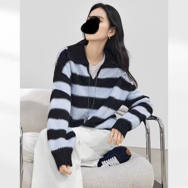 New Contrast Color Women's Loose Casual College Style Outerwear Sweater Blue - Shop at LoveMi