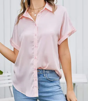 Multicolor Silk Short Sleeve Satin Button Shirt Casual Loose Top - Pink