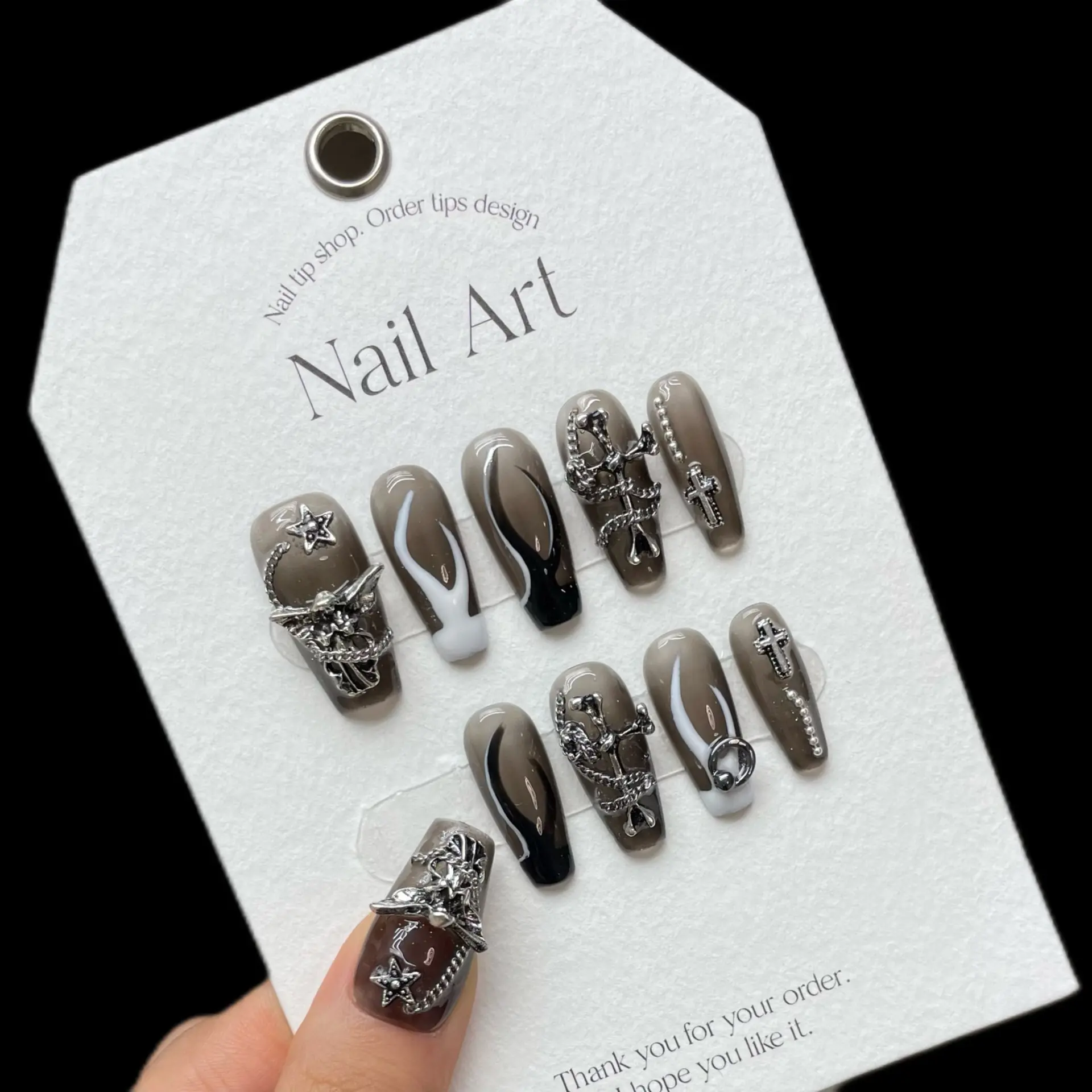 Handmade Dark-style Nail Art Black-and-white Heavy Metal