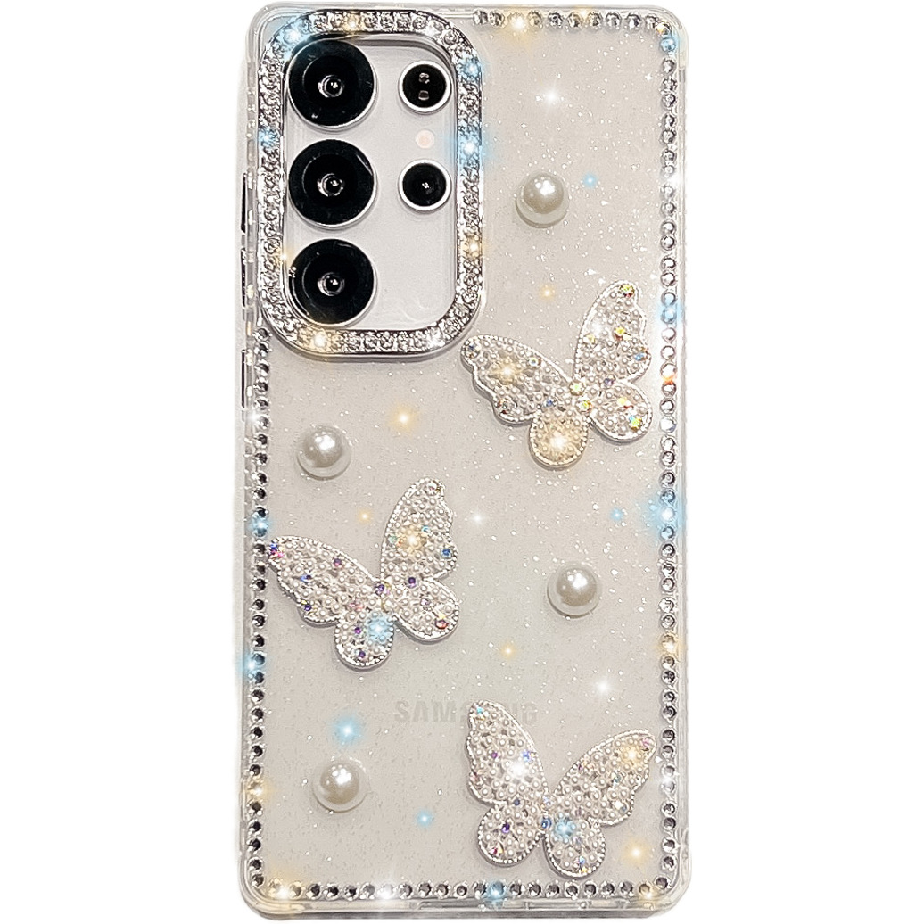 Glitter Powder Pearl Butterfly Style Phone Case With Rhinestones 3