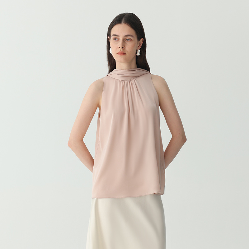 Simple Ribbon-detail Sleeveless Silk Top For Women