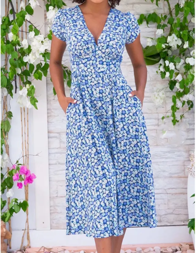Women's Printed Pocket Bohemian V neck Dress Light Blue - Shop at LoveMi