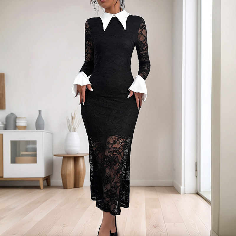 Sexy Elegant Lace Long Sleeve Lapel Color Matching Temperament Dress