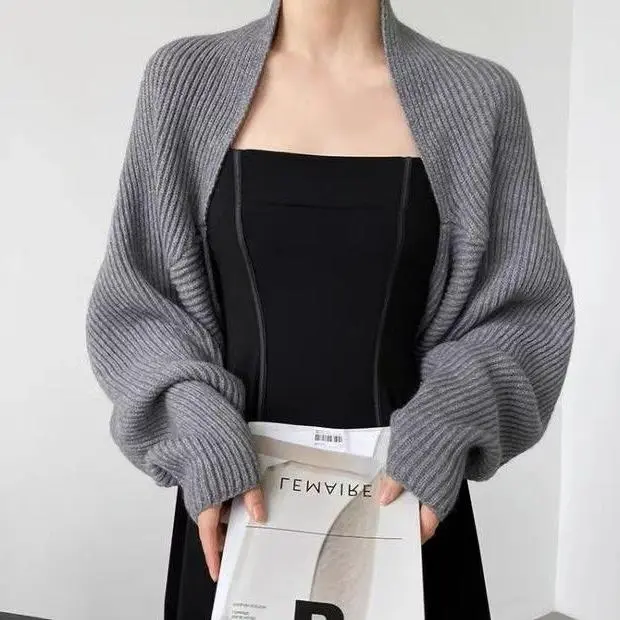 Knitted Cardigan Coat Female Batwing Sleeve Sweater Short Temperamental - Gray