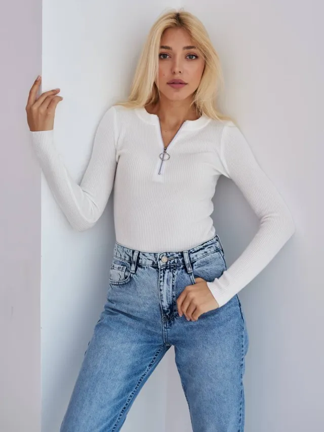 Women's Fashionable Elegant Zipper Knitted Bottoming Shirt White - Shop at LoveMi