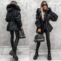 European And American Fur Collar Artificial Fur Parka - Black - View 1
