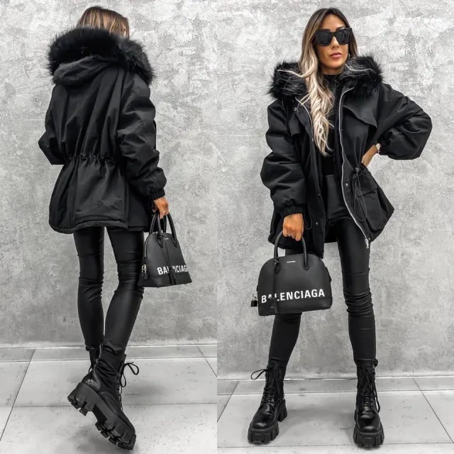 European And American Fur Collar Artificial Fur Parka Black - Shop at LoveMi