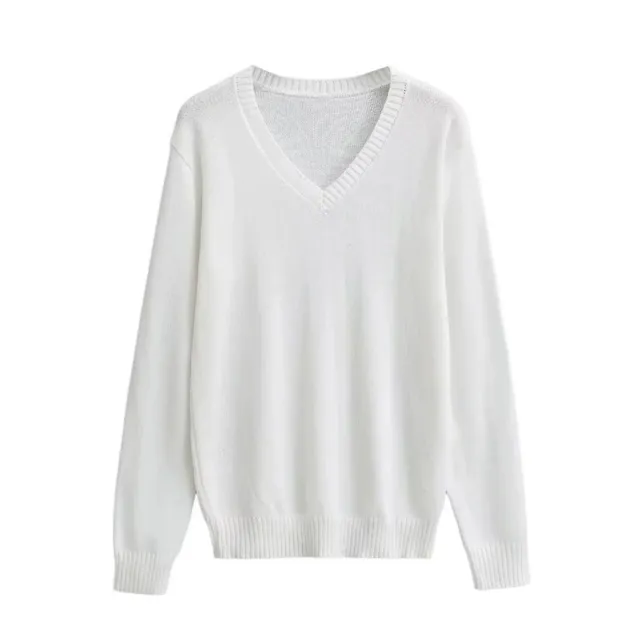 American Retro Simple V neck Pullover Sweater White - Shop at LoveMi