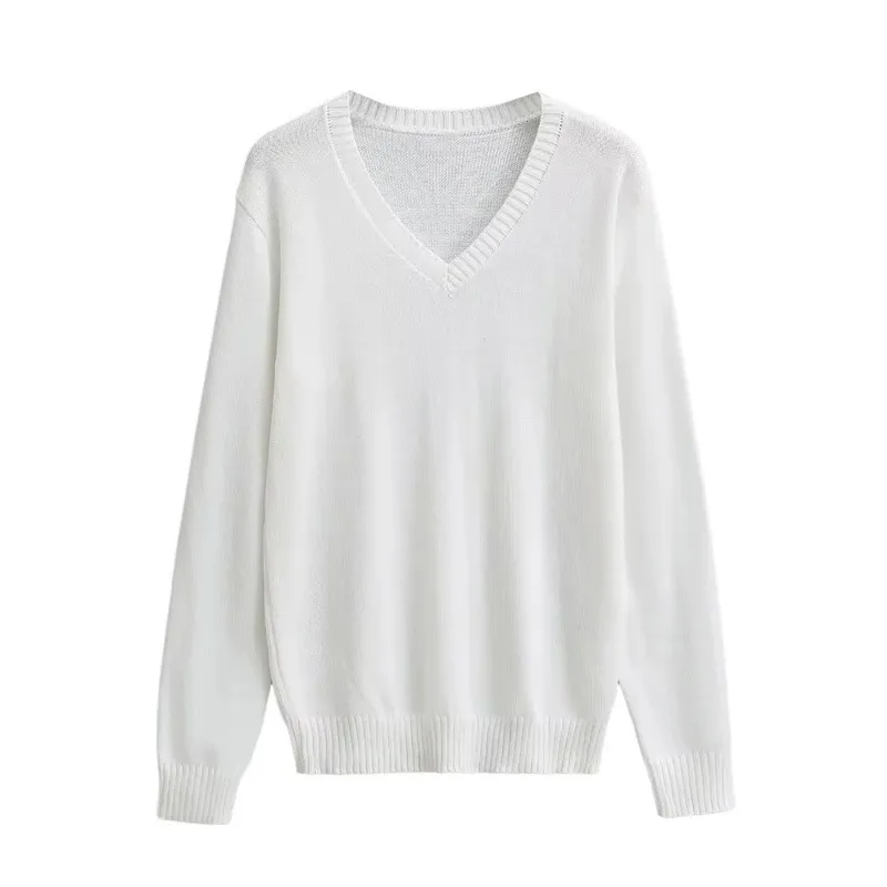 American Retro Simple V-neck Pullover Sweater - White