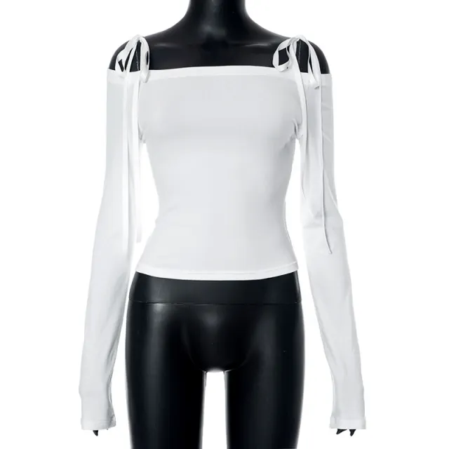 Pure Desire Style Lace up Bow Off shoulder Long Sleeve Backless Sexy Top Women's Clothing White - Shop at LoveMi